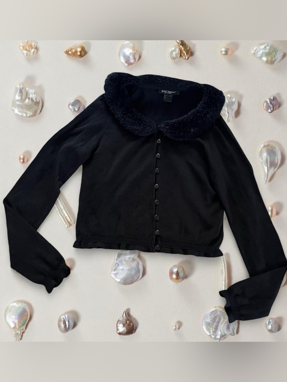 BETSEY JOHNSON • 90s y2k Vintage Faux Fur Black Stretchy Cardigan